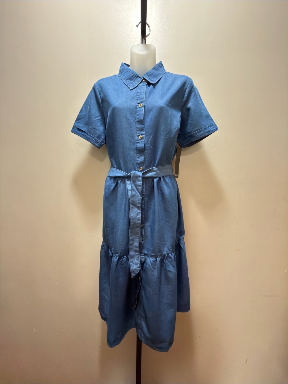 Button-Front Midi Shirt Dress with Tie Waist in Denim Blue